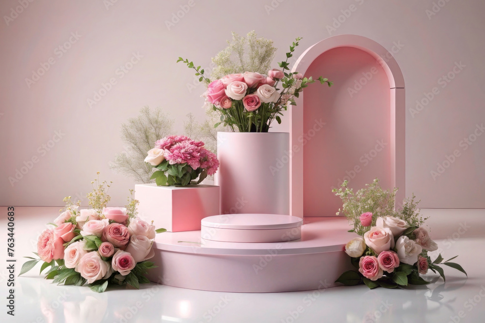 3D Spring Table Beauty Stand: Garden Rose Floral Summer Background Podium for Cosmetic Display, Perfect for Valentine's, Easter, and Romantic Gifts in Pink and Purple