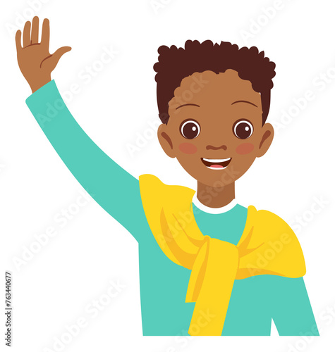 Black boy with raised hand. Kid friendly gesture © VectorBum