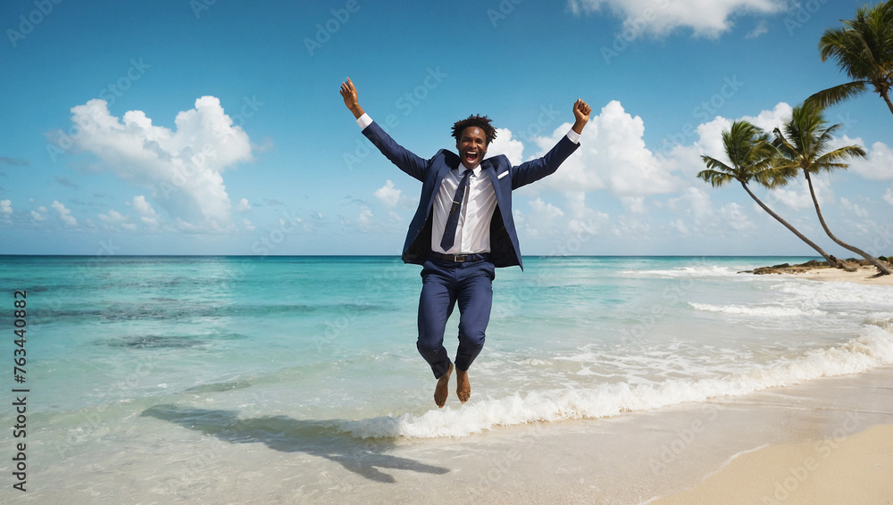 Man in suit on beach jumping vacation happy Man in suit on beach jumping vacation happy