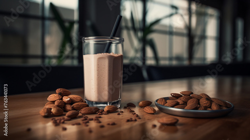 A  view of a fitness enthusiast's post-workout snack, including a protein shake and a handful of almonds for muscle recovery. © Mujtaba