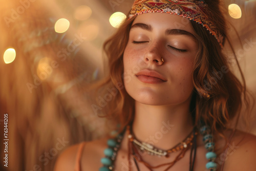 Close up young woman sits with her eyes closed relaxingly praying, meditating in the room, children's mental health and relaxation concept photo