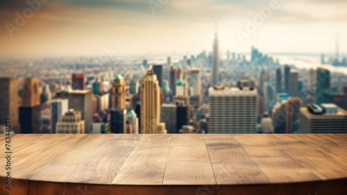 The empty wooden table top with blur background of city skyline. Exuberant image. generative ai