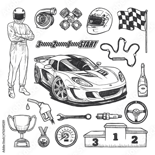 Racing icon set with car and accessories hand-drawn illustrations
