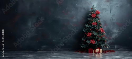 Festive christmas tree with presents against dark gray wall, bokeh lights, copy space