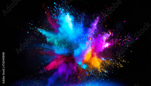 Explosion splash of colorful powder with freeze isolated on black background, abstract splatter. Generative AI