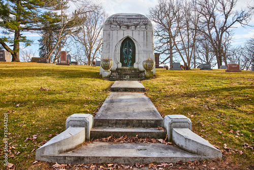 Elegant Mausoleum in Lindenwood Cemetery, Autumn Serenity photo