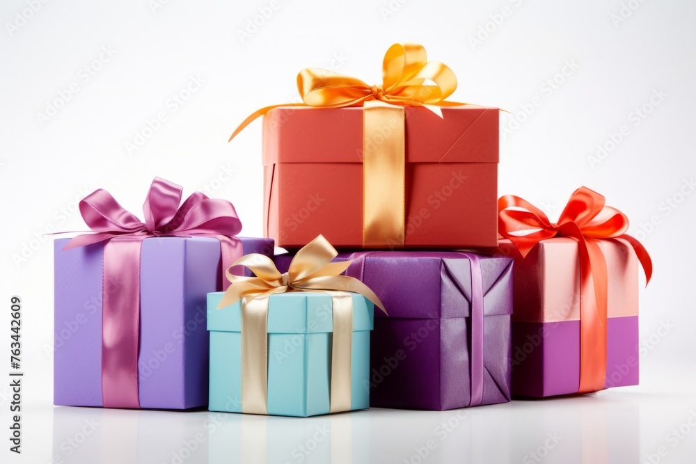 Colorful holiday gift boxes and bows neatly placed on a clean white background Colorful holiday gift boxes and bows neatly placed on a clean white background
