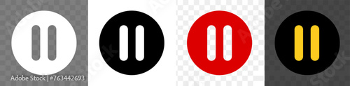 Pause vector buttons black, red and white icons isolated on transparent background. Black red and white vector media Stop sign icons or symbols.