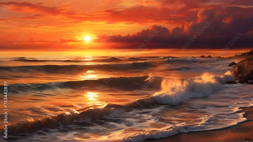 Sunset over the ocean with waves landscape, Clouds in the sky over the ocean Sunset over the ocean with waves landscape, Clouds in the sky over the ocean