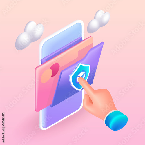 Trending 3D Isometric. Colorful cartoon illustration. Mobile application with credit card data. Reliable data protection. Vector icons for website