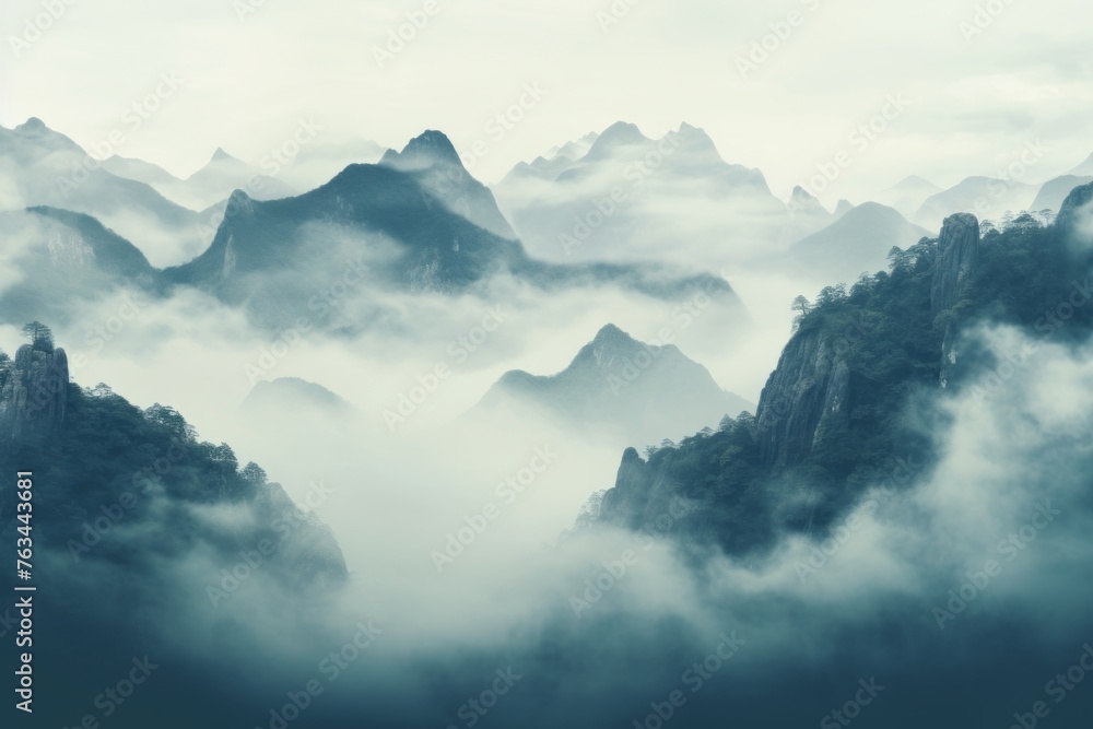 Enigmatic and mysterious wallpaper background featuring mist-covered mountains