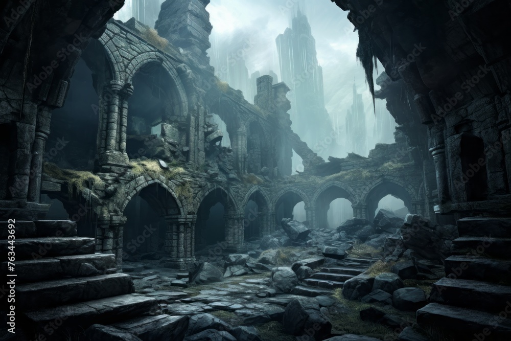 Enigmatic and mysterious wallpaper background with mist-covered ruins - obrazy, fototapety, plakaty 