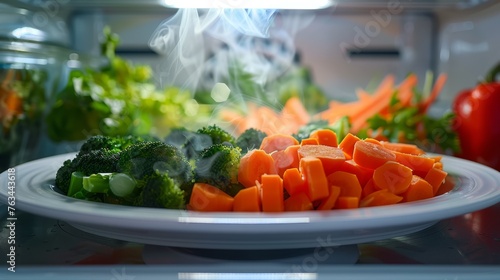 Healthy eating made easy with steamed vegetables in a white microwave. A symphony of flavor and nutrition roasting to perfection © Neda Asyasi