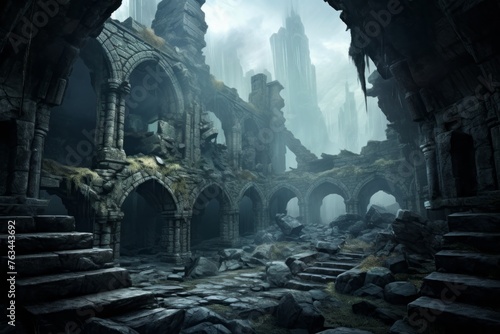 Enigmatic and mysterious wallpaper background with mist-covered ruins
