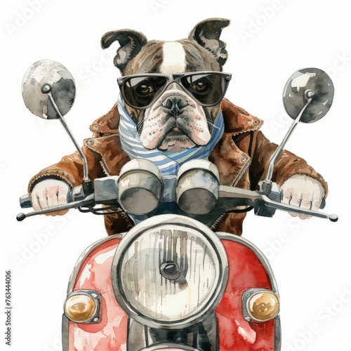 A painting depicting a dog confidently riding a motorcycle, with the wind blowing through its fur © pham