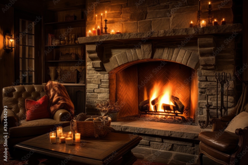 Glowing candles and a warm fireplace creating a cozy holiday ambiance. Glowing candles and a warm fireplace creating a cozy holiday ambiance.