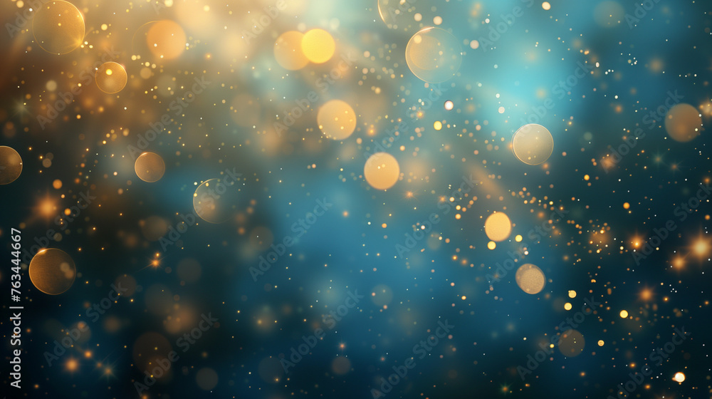 Golden fireworks, golden bubbles, sparklers and golden bokeh lights, banner on a blue background. Light flying balls.

