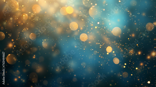 Golden fireworks, golden bubbles, sparklers and golden bokeh lights, banner on a blue background. Light flying balls. 