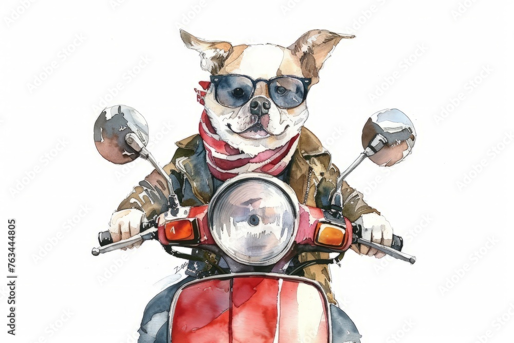 Fototapeta premium A painting depicting a dog riding a motorcycle, showcasing the canine balancing on the bike with the wind in its fur