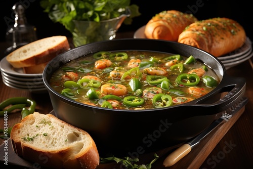Savory Gumbo Soup with Shrimp, Sausage, and Chicken; Aromatic Cajun Cuisine featuring Okra and Bell Peppers, Hearty and Delicious.