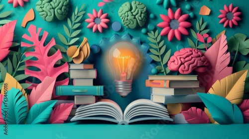 a colorful collage with books, cogs, brain, lightbulb, learning, education, background  