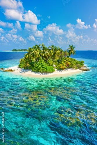 Tranquil aerial view of maldives luxurious resort island with palm trees on white sandy beach