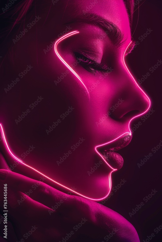 womans face outlined in neon light womans face outlined in neon light
