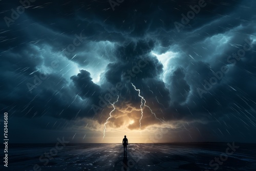Person's silhouette against a thunderstorm, portraying the power of nature and fears