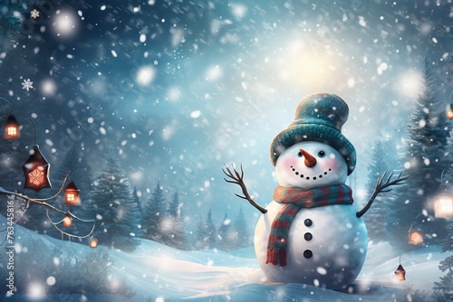 Playful snowflakes and a cheerful snowman on a snowy background © KerXing