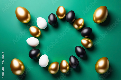 Easter flat lay composition. Organic Easter golden  white and dark violet eggs decorated on green table. Flat lay  top view copyspace  circle frames