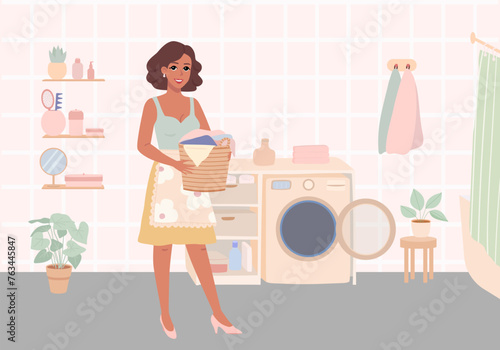 Young woman is doing laundry. Housewife with clothes next to the washing machine. Wardrobe, laundry basket, accessories and potted plants. Flat vector illustration.