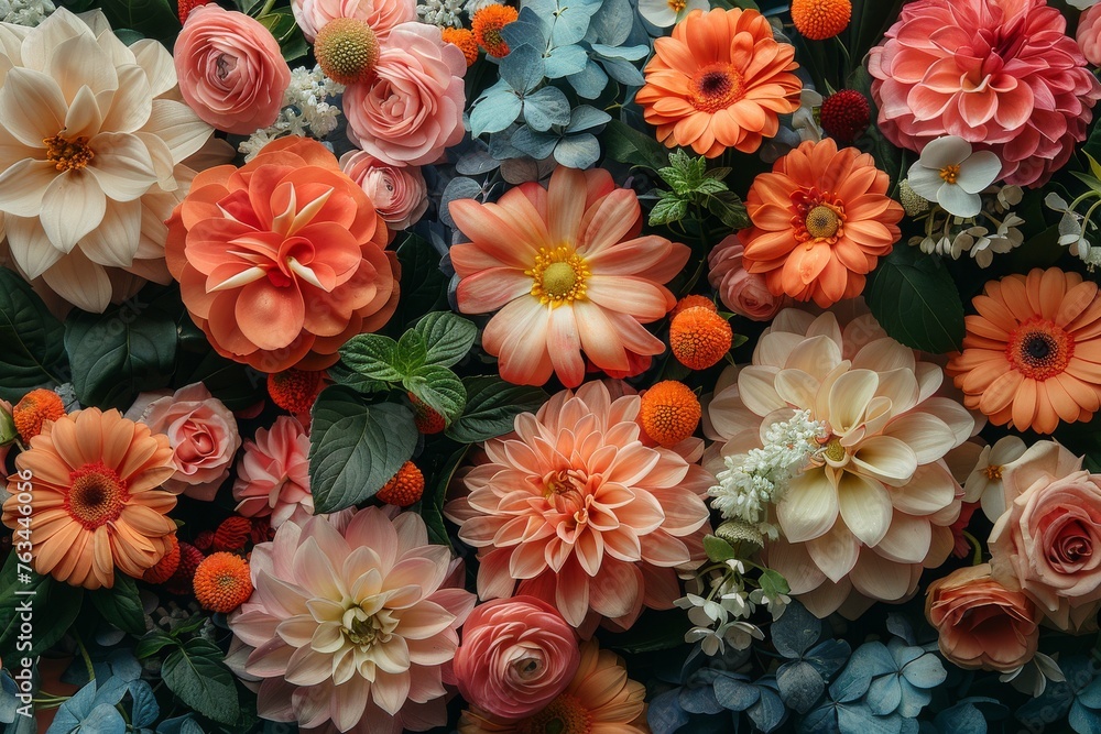 An exquisite collection of artificial flowers creating a full, vibrant floral wall backdrop for events or decor An exquisite collection of artificial flowers creating a full, vibrant floral wall backdrop for events or decor