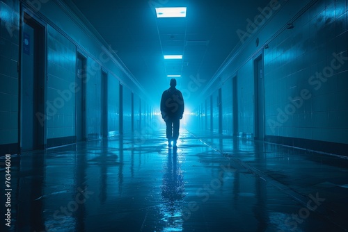 Striking silhouette of a lone man standing in an illuminated corridor, creating a mysterious and dramatic effect