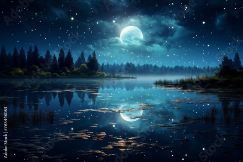 Serene water surface with the moon's reflection at night