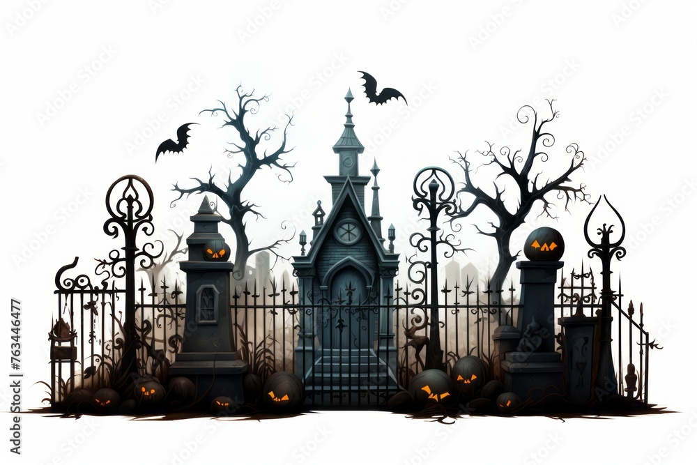 Spooky graveyard with a wrought iron fence on a white background.