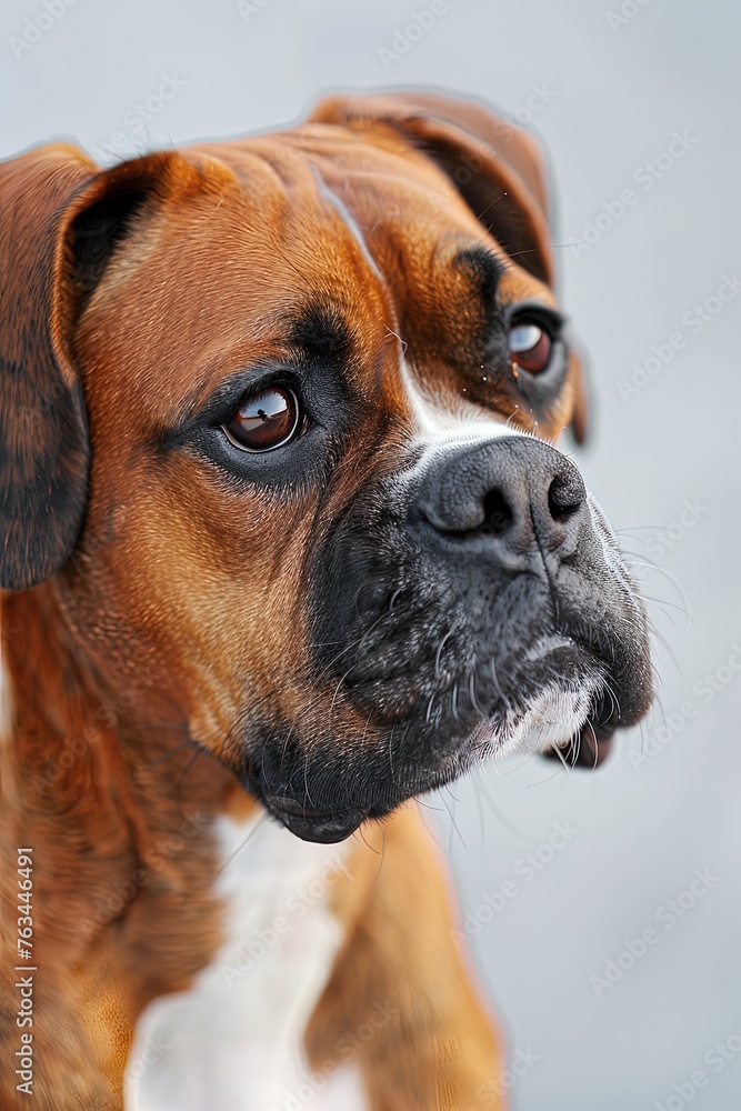 Muzzle of a tiger-colored boxer dog in close-up. A captivating close-up of a boxer dog's facial features.
