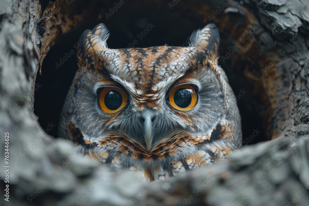 The glaring intensity of an owl's eyes emanates from its darkened tree hollow refuge The glaring intensity of an owl's eyes emanates from its darkened tree hollow refuge