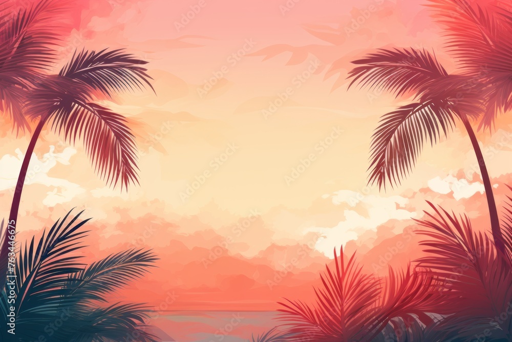 Tropical and paradise-like social media background with palm leaves and sunset hues