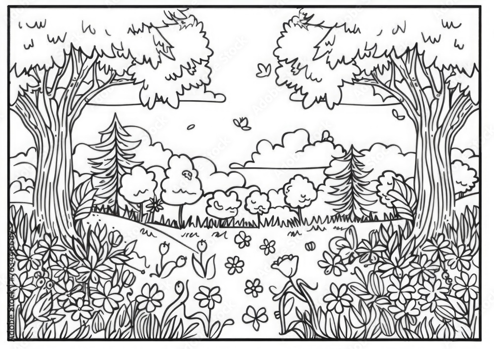 Fototapeta premium Coloring sheets with spring themes, featuring flowers, animals, and outdoor scenes.