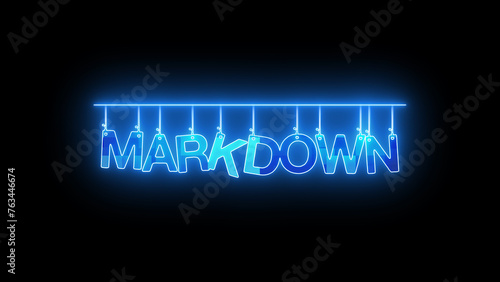 Neon sign with word markdown glowing in blue dark background. photo