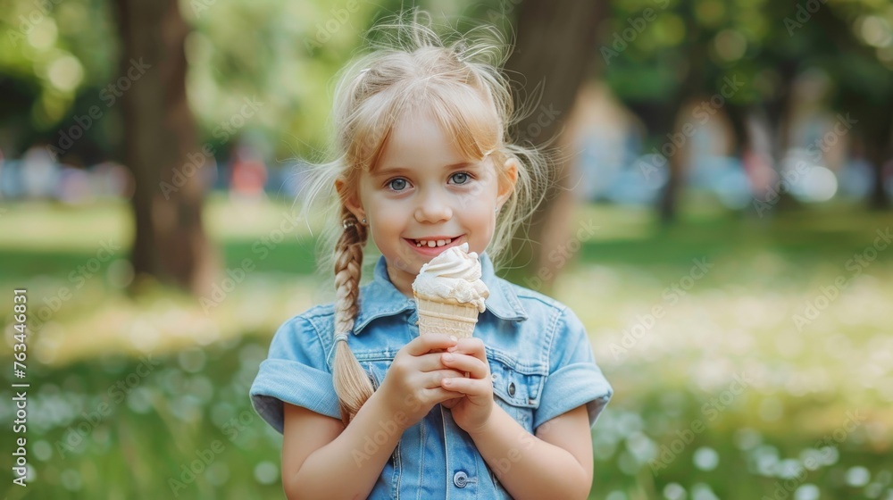 Girl enjoying ice cream in city park with blurred background, ideal for text placement Girl enjoying ice cream in city park with blurred background, ideal for text placement