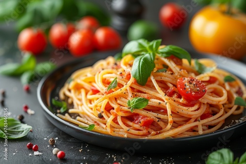 An enticing plate of spaghetti tossed with juicy cherry tomatoes, drizzled with olive oil, and adorned with basil
