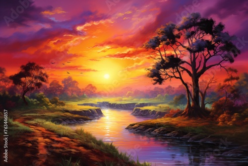 Vibrant sunset painting the sky in warm hues over a tranquil landscape © KerXing