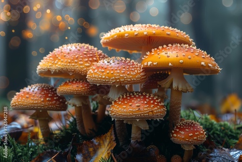 Mesmerizing orange-capped mushrooms flourish among autumn foliage, highlighted by the soft backdrop of bokeh lights photo