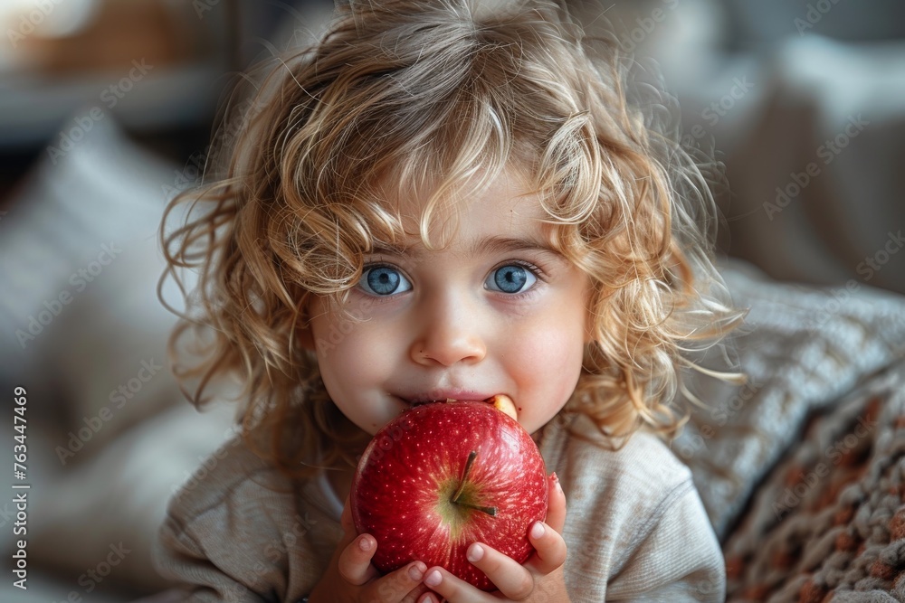 Cute little child holding and biting a red apple with a delighted expression Cute little child holding and biting a red apple with a delighted expression