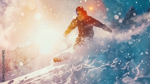  A snowboarder is engaged in freeriding. Gliding through winter's embrace, a snowboarder's freeride adventure. © Евгений Федоров