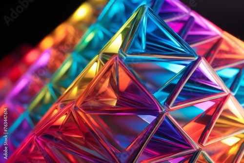 A close up of a 3D tetrahedral prism with vibrant, shifting colors photo