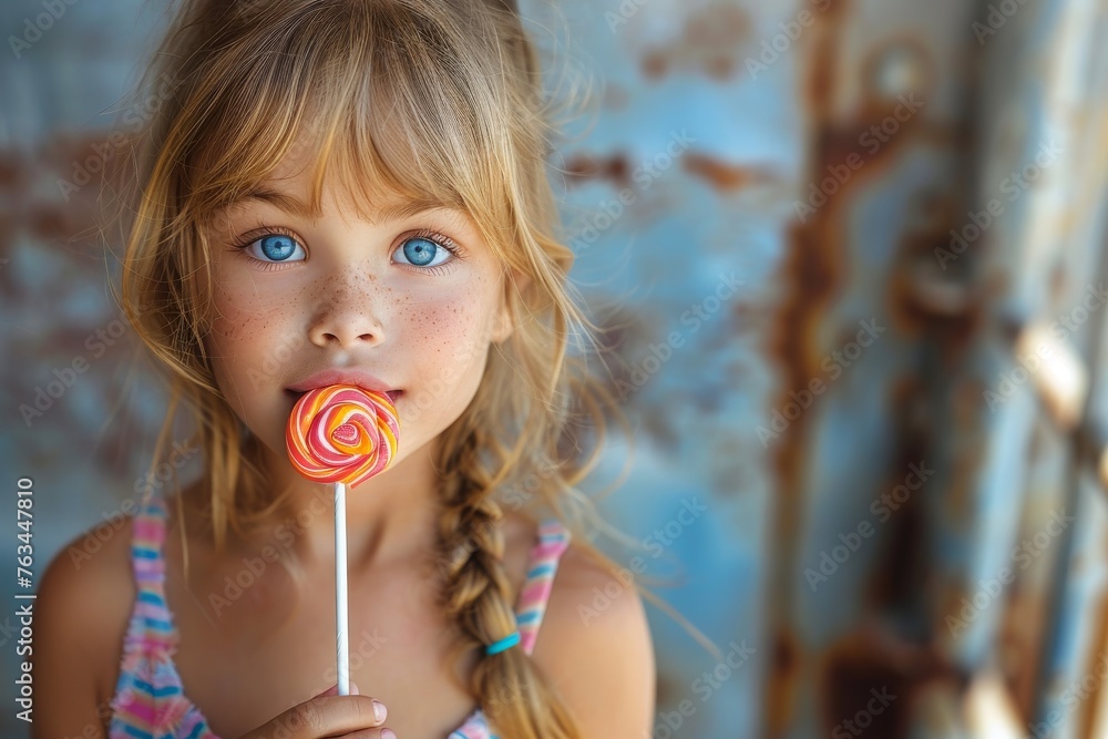 Vibrant photo capturing a young girl with sparkling eyes, enjoying a swirled lollipop, against a rustic and textured backdrop, creating a contrast Vibrant photo capturing a young girl with sparkling eyes, enjoying a swirled lollipop, against a rustic and textured backdrop, creating a contrast