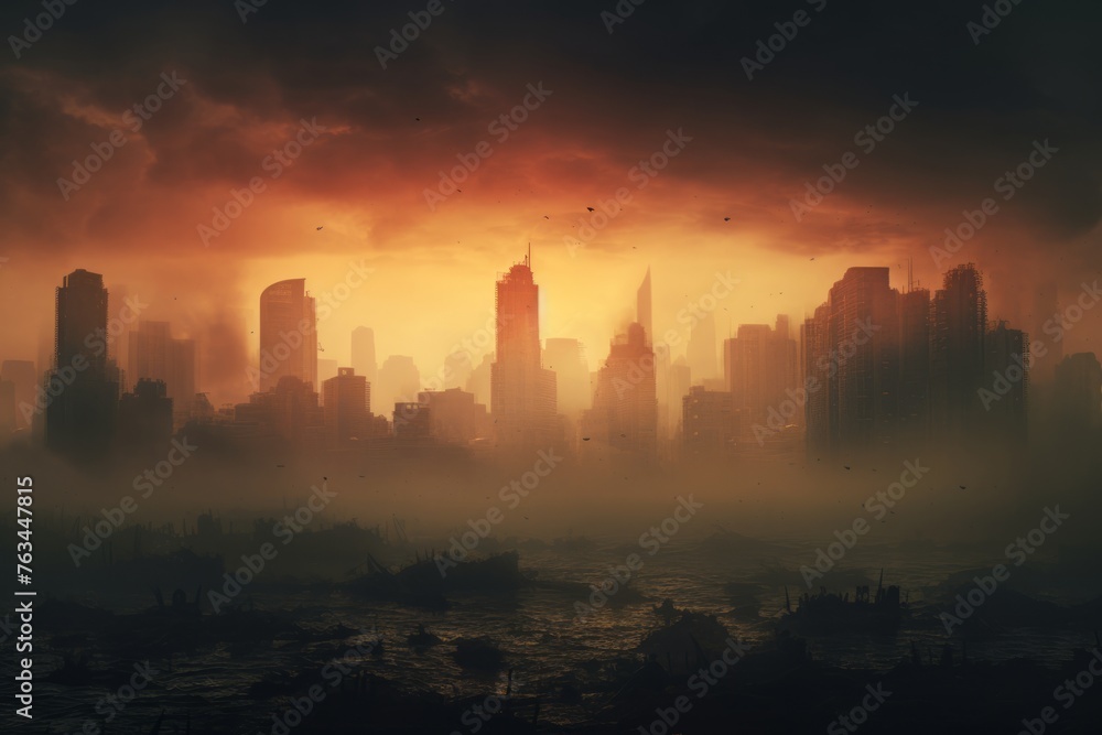 A dystopian city skyline obscured by thick smog A dystopian city skyline obscured by thick smog