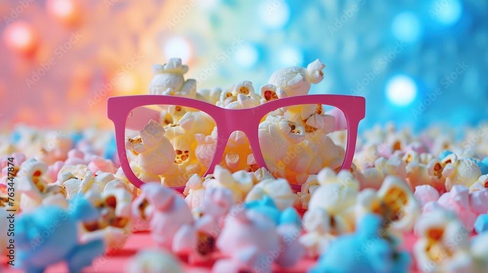 Popcorn and 3d glasses in a colorful pastel background